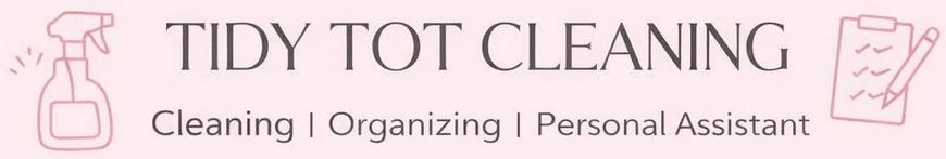 A pink banner for "Tidy Tot Cleaning" with an icon of a spray bottle and a clipboard list, emphasizing cleaning services.