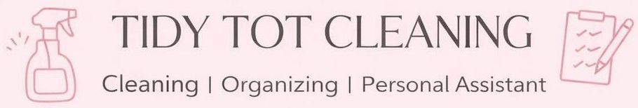 A pink banner for "Tidy Tot Cleaning" with an icon of a spray bottle and a clipboard list, emphasizing cleaning services.