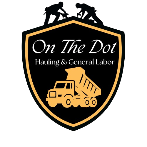Logo: Shield with two workers, text "On The Dot," dump truck. Black, gold, white colors.
