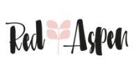 Logo reading “Red Aspen” in black script with a pale pink leaf icon between the words.