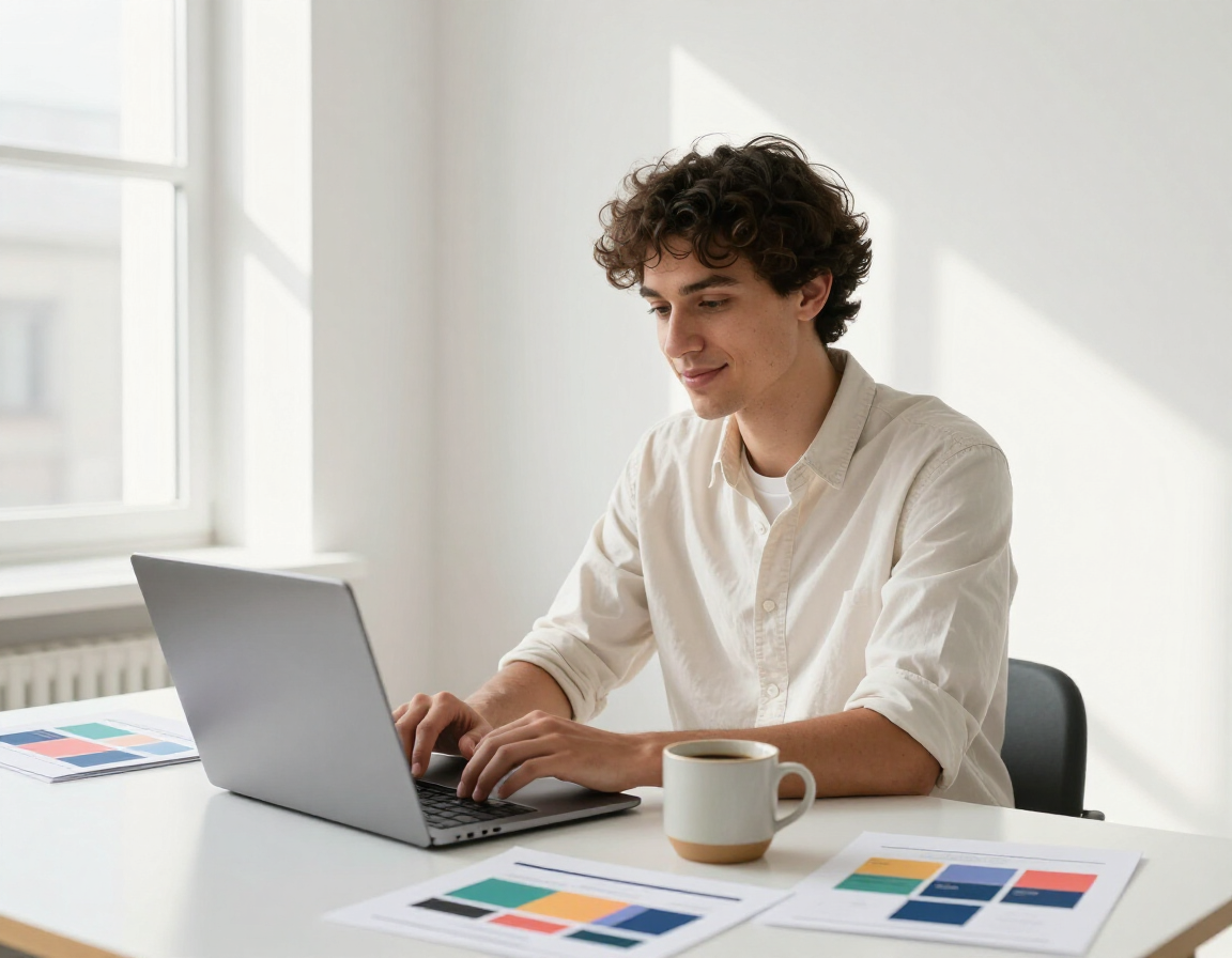 Une personne travaille sur un ordinateur portable à un bureau lumineux avec des nuanciers et une tasse de café.