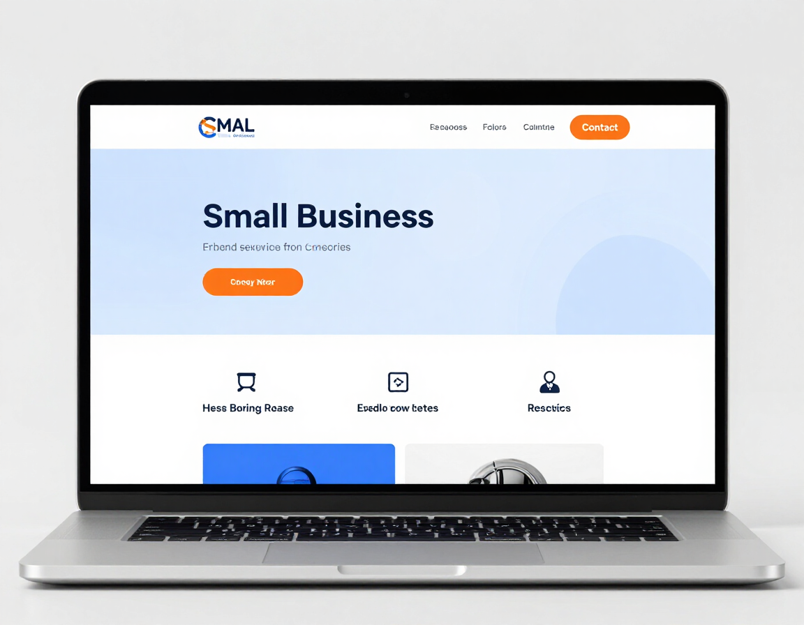 Ordinateur portable affichant le site web d'une petite entreprise avec des boutons d'appel à l'action orange