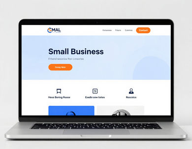 Ordinateur portable affichant le site web d'une petite entreprise avec des boutons d'appel à l'action orange