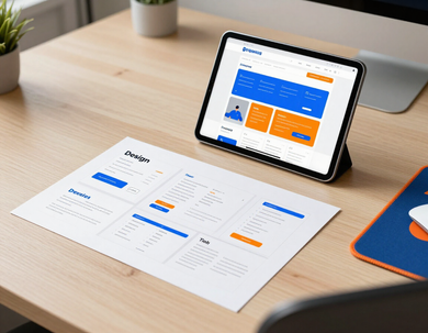 Maquettes d'interface utilisateur imprimées et sur tablette posées sur un bureau dans un espace de travail lumineux