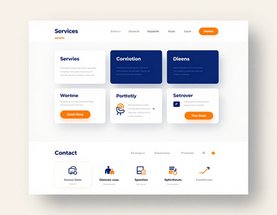 Tableau de bord de services blanc avec cartes bleues, boutons orange et icônes de contact sur une mise en page épurée