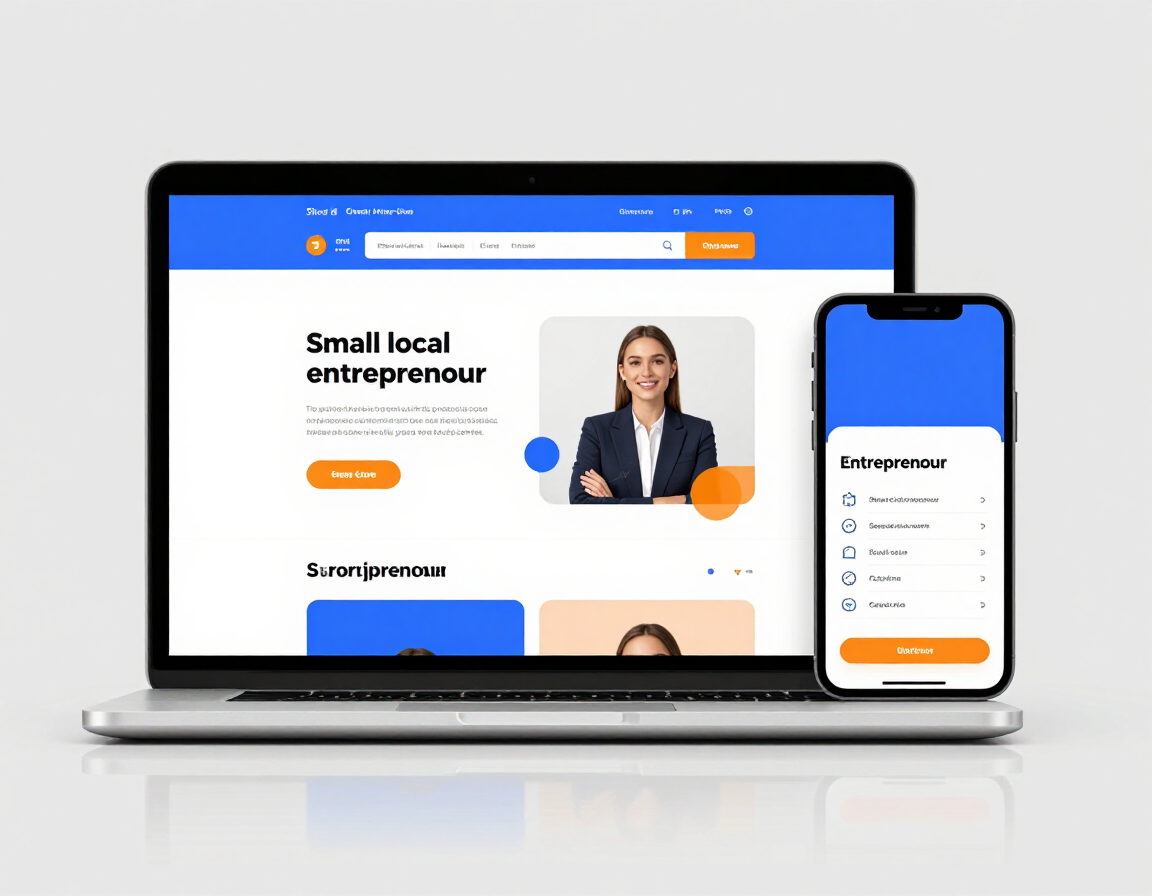 Ordinateur portable et téléphone affichant une interface de site web de petite entreprise bleue et blanche