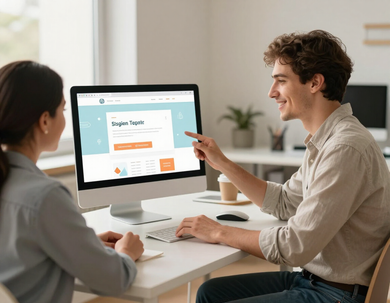 Deux collègues discutent d'un site web sur un ordinateur de bureau dans un bureau lumineux