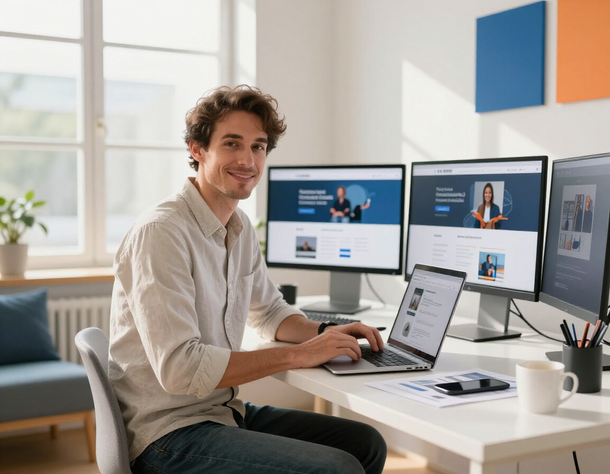 Une personne souriant à son bureau, avec un ordinateur portable et plusieurs écrans, dans un bureau à domicile lumineux.