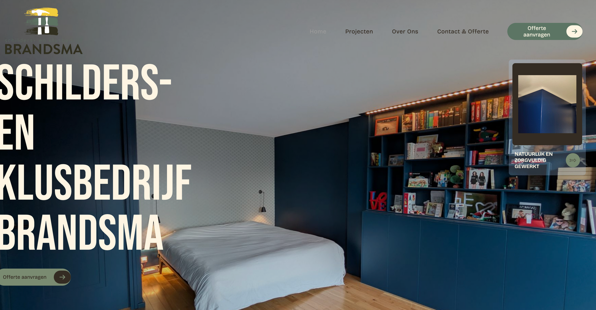 Page d'accueil de l'entreprise de peinture Brandsma avec une image de présentation d'un intérieur de chambre