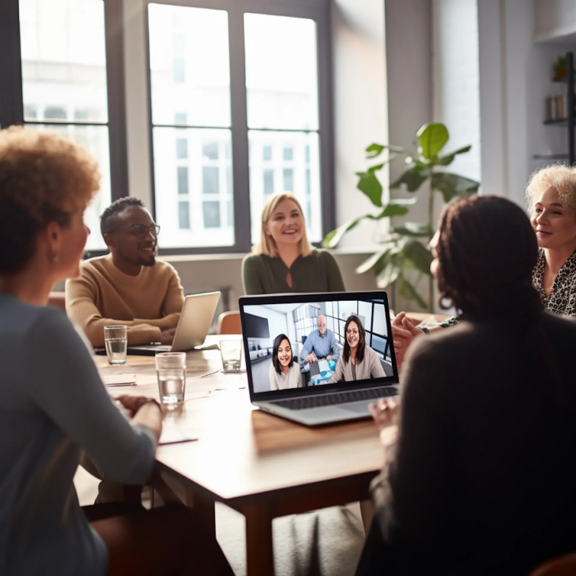 Team of people working around a meeting room table with an open laptop streaming a video meeting with three other people who are hybrid working
