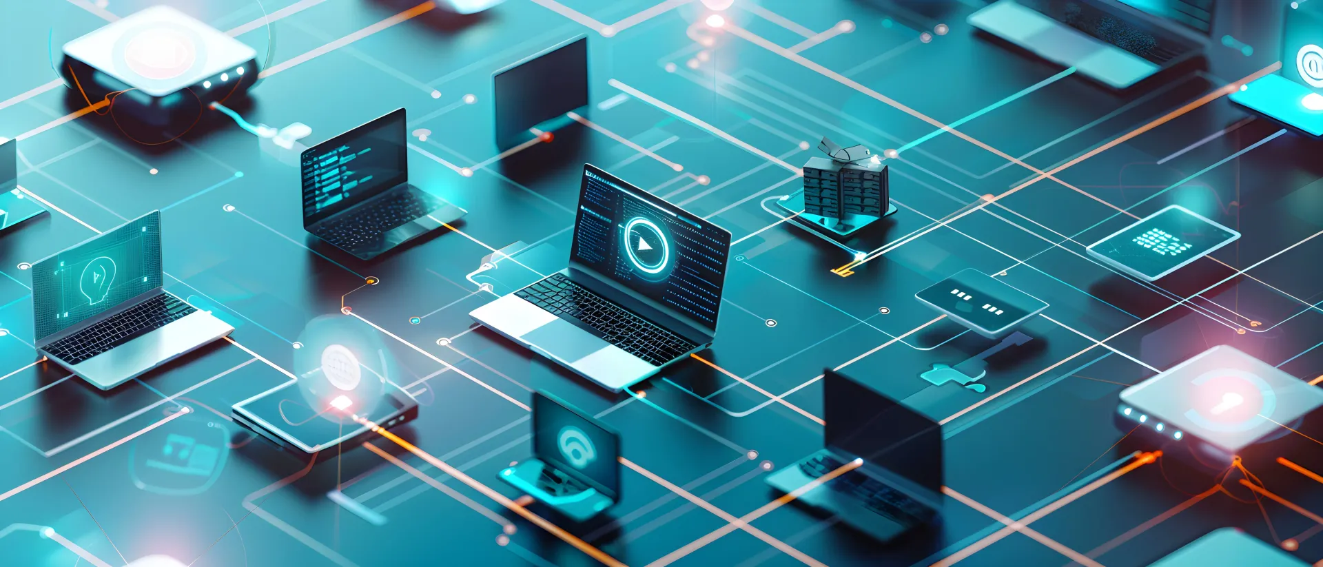 Computers, routers and servers all connected by digital looking lines and technology symbols representing IT infrastructure