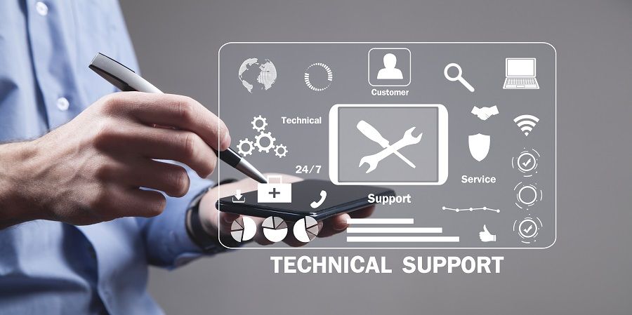 Man selecting from on-screen icons all related to IT support and technical services