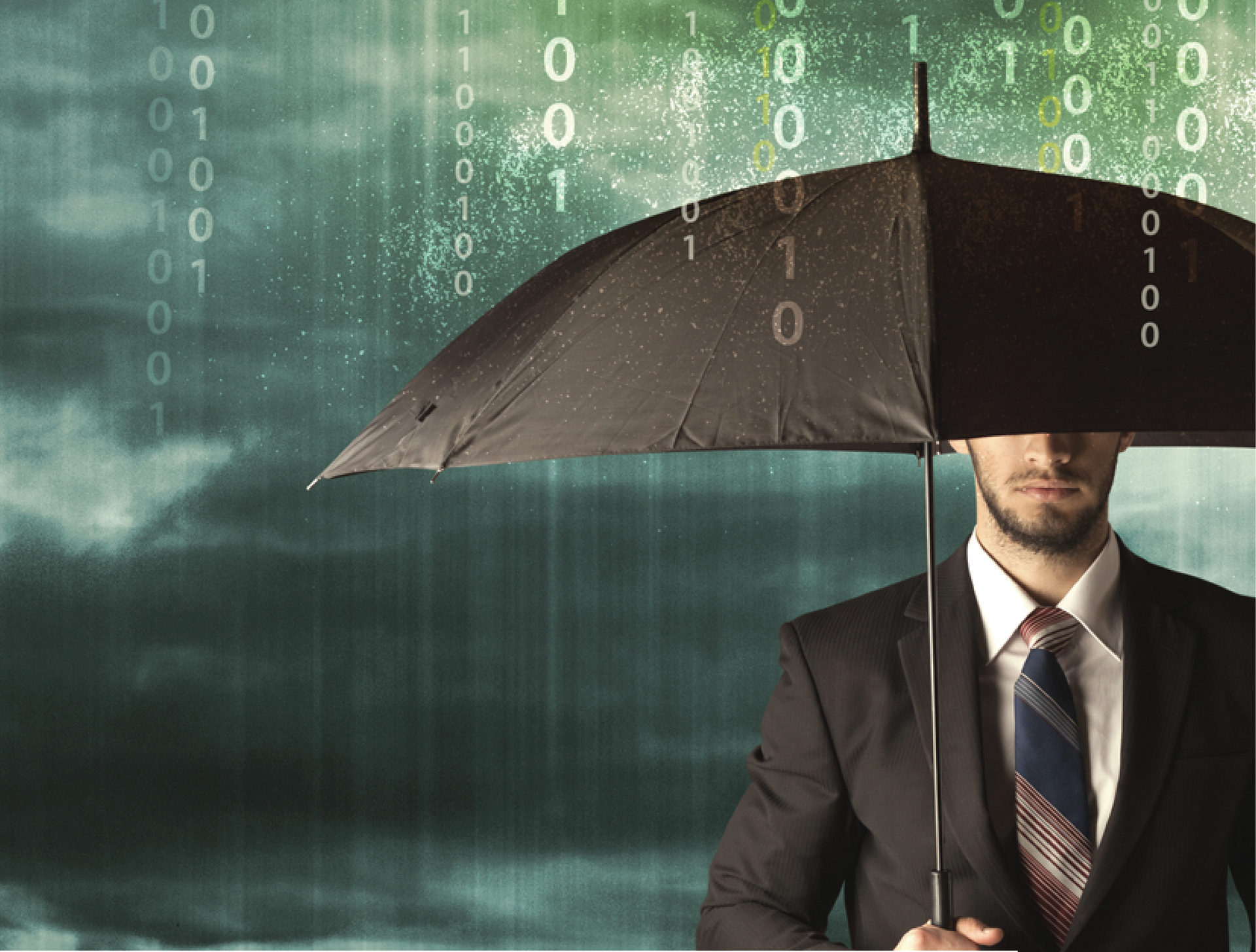 Business man standing under an umbrella with data streams falling from the skies