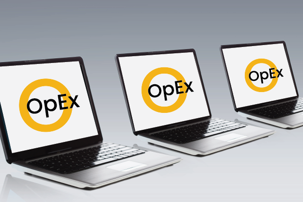 A row of laptops open with the screens all showing the word 'OpEx' on them with the Orbital10 orange O behind