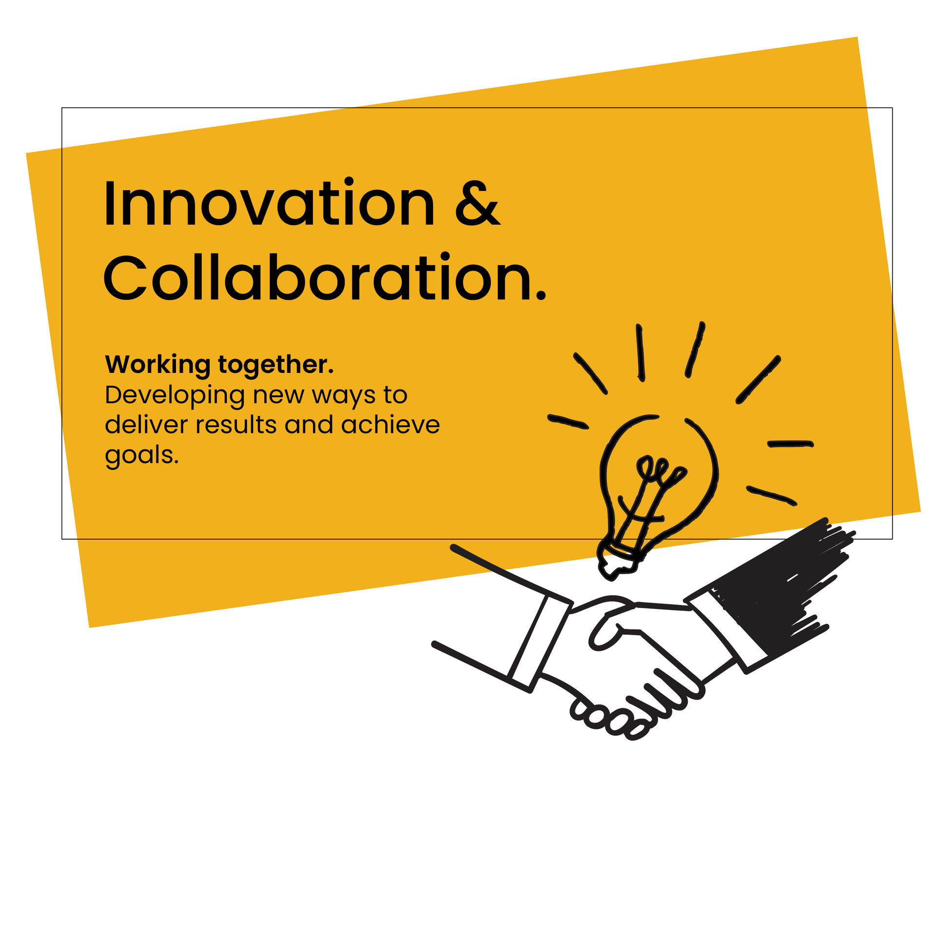 Handshake image with lightbulb to represent innovation and collaboration
