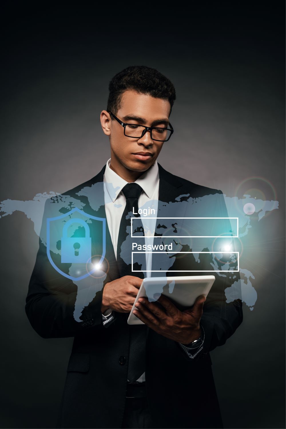 Business man on tablet trynig to login with an overlaid cybersecurity image displayed over the photo