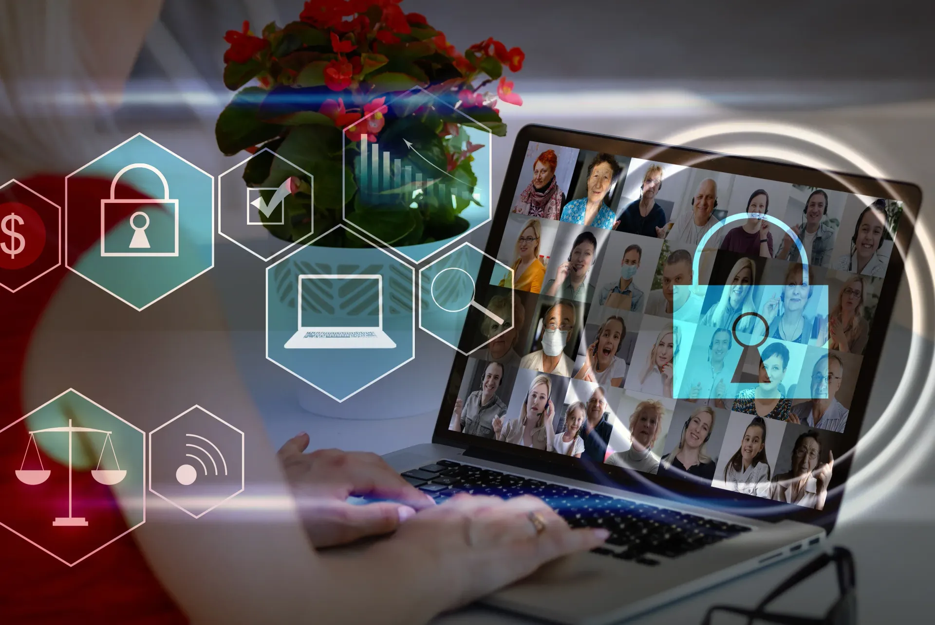 Woman at her laptop on video call with multiple people and a superimposed images of a padlock symbol