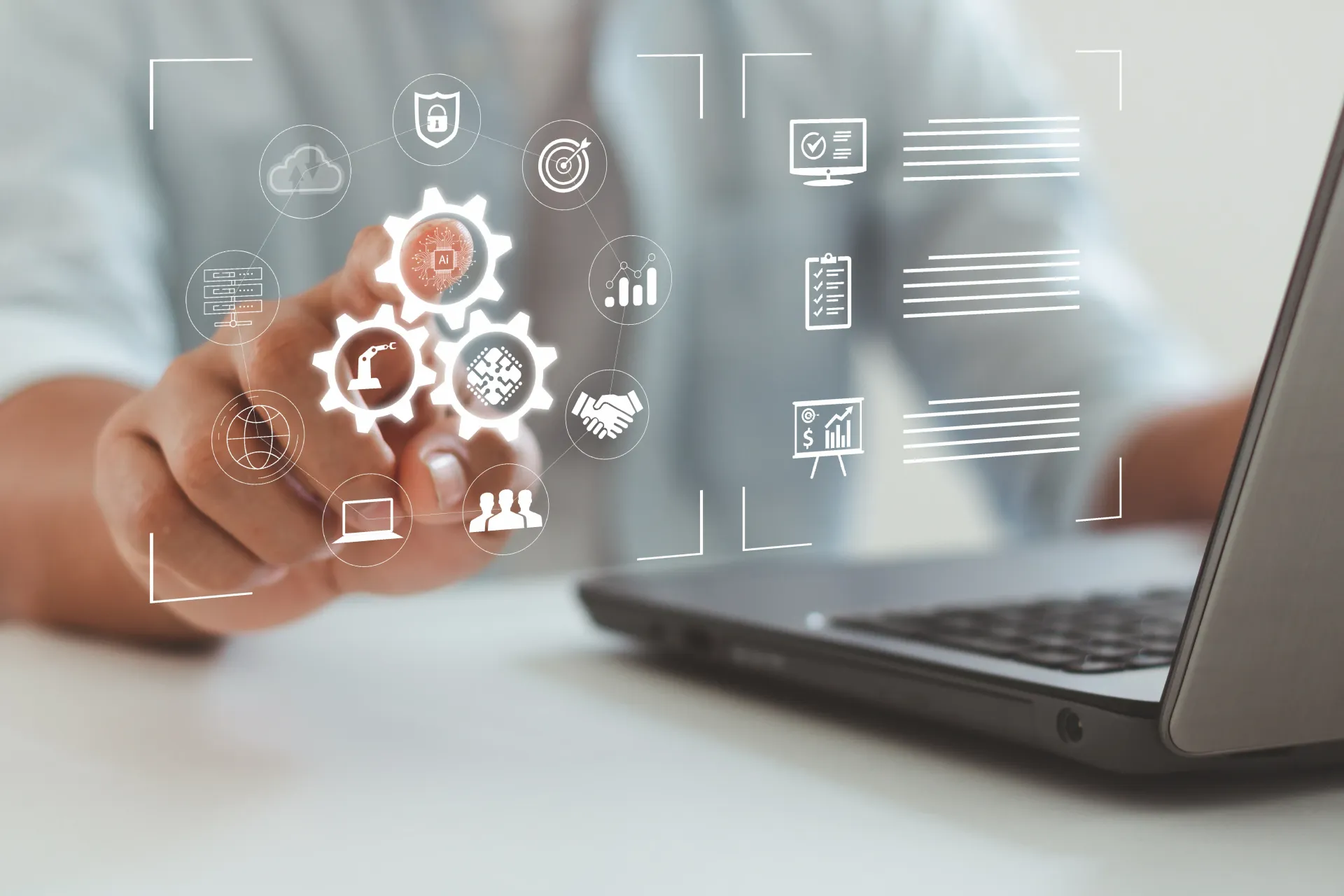 Man in front of an open laptop with floating technology and digital symbols that he is pressing his finger to