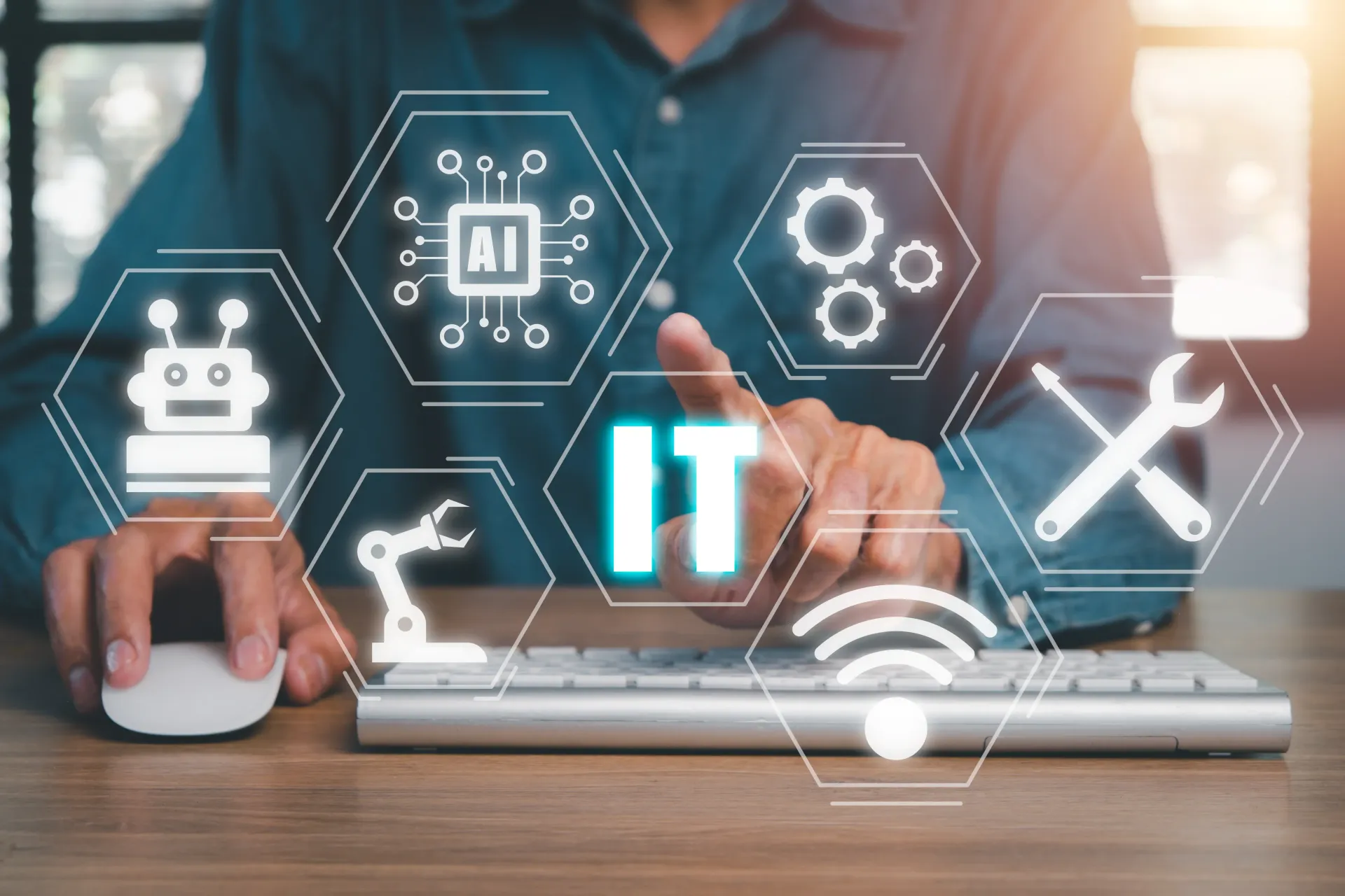 IT system icons with a business man in the background pointing to the 'IT' symbol