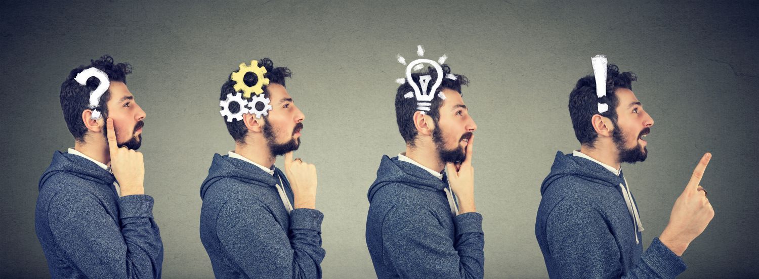 Man going through 4 stages of thought -questioning, thinking, getting inspiration, understanding