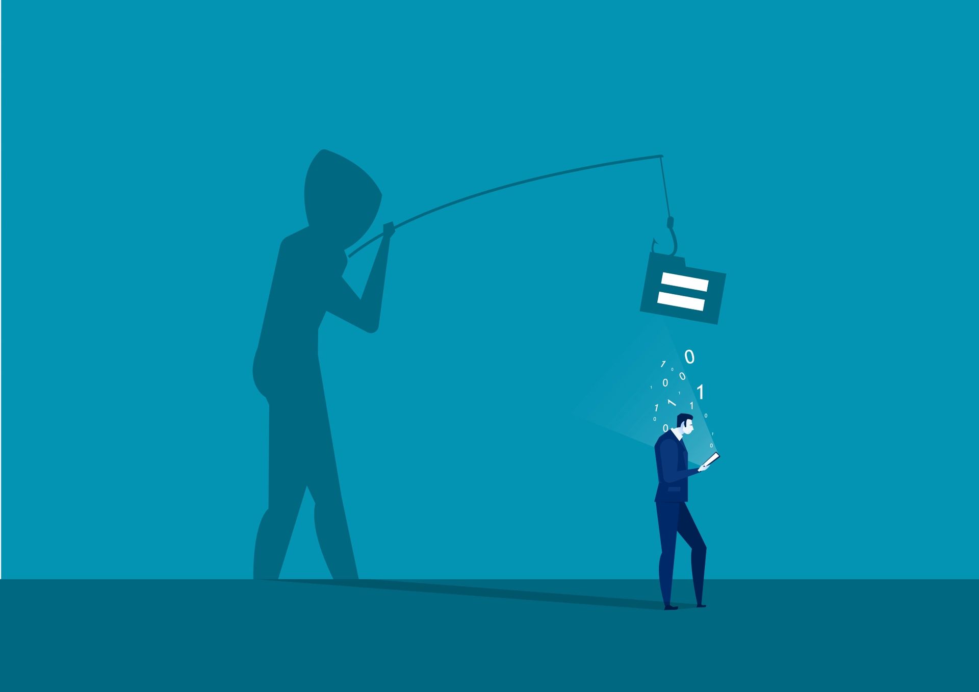 Illustration of a business man on a mobile device with a shadow of a cyber hacker phishing the man