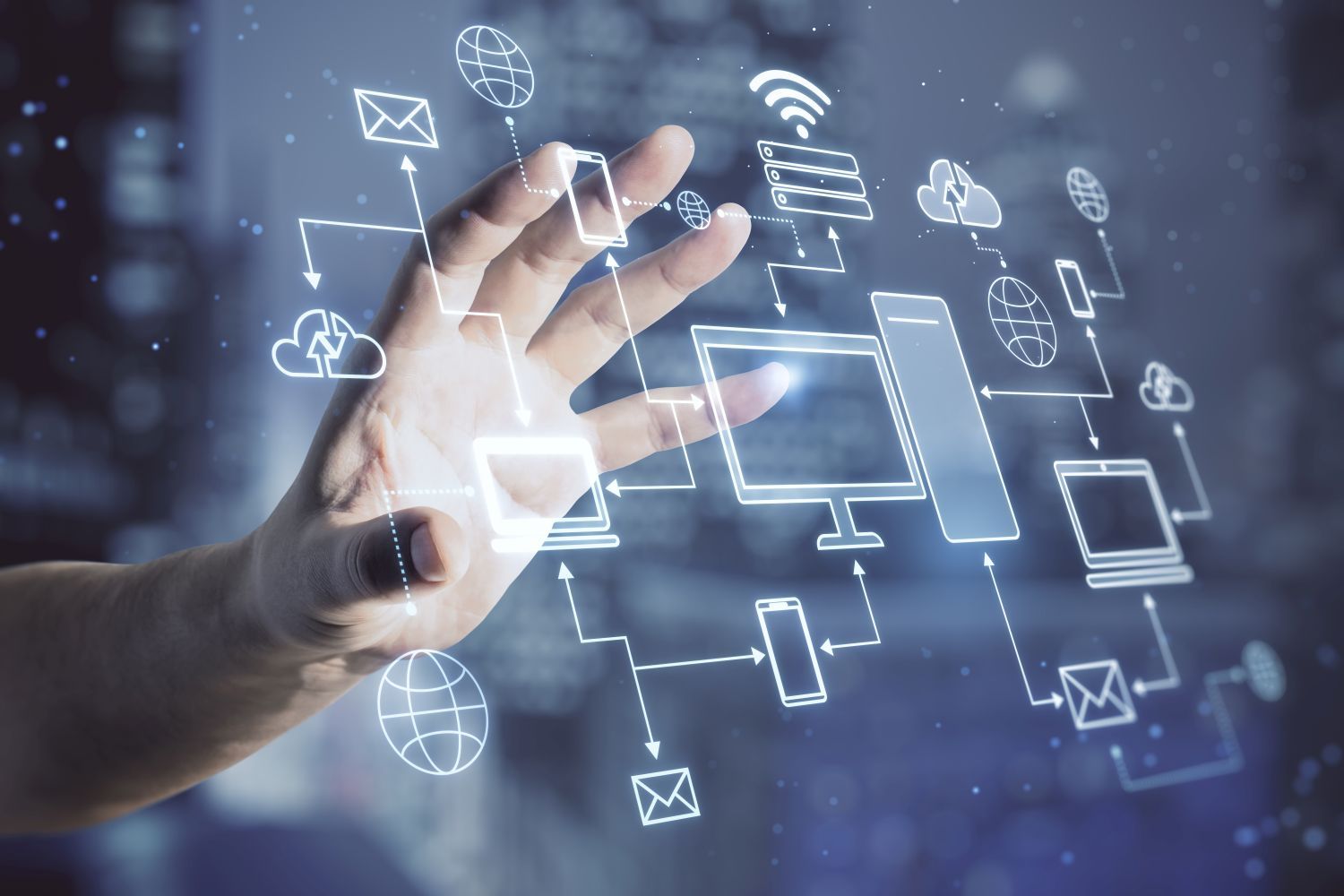 Computers, routers and servers all connected by digital looking lines and technology symbols representing IT infrastructure