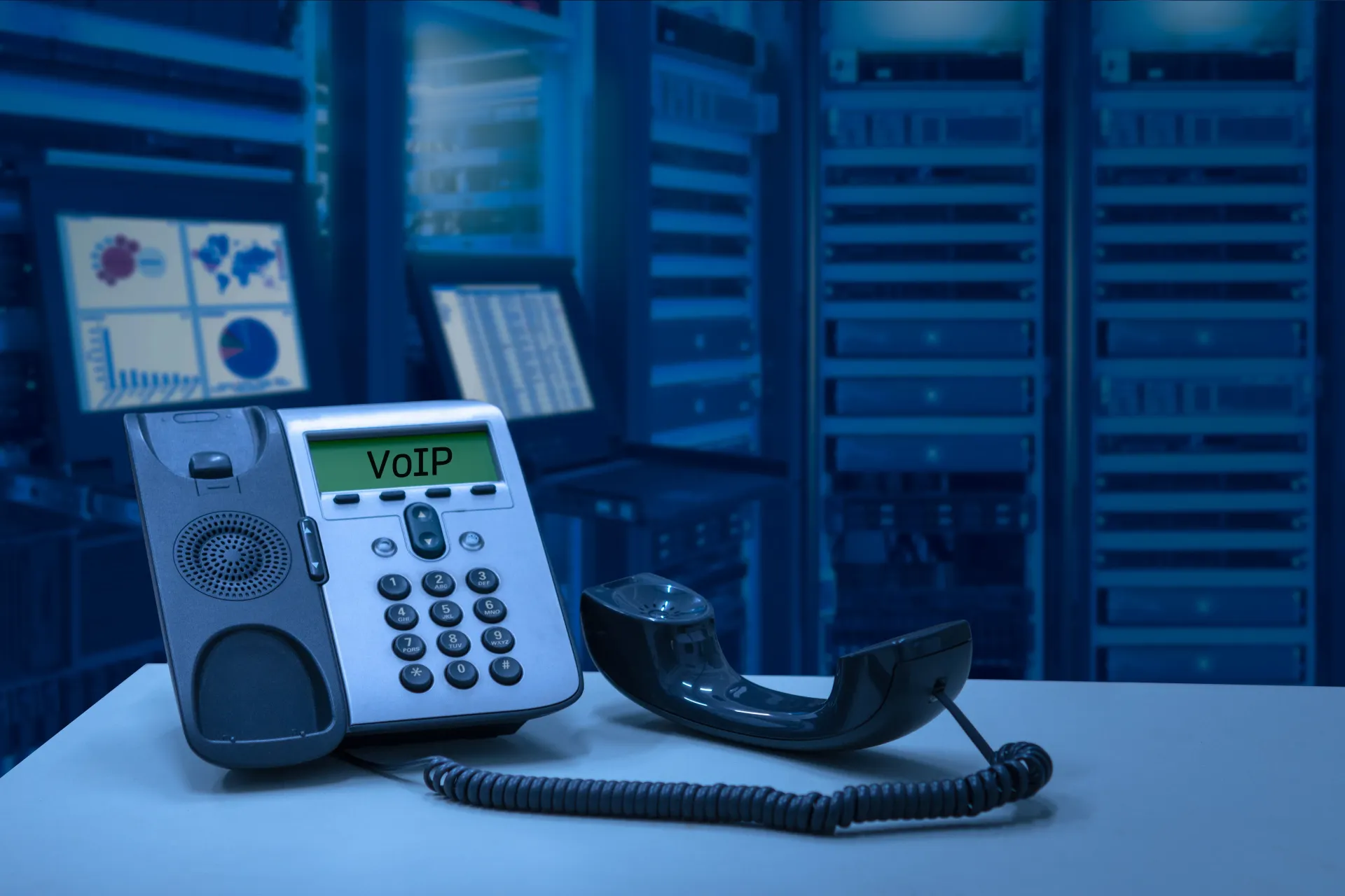 Telephone with the handset on the desk and the word VoIP on the call display screen