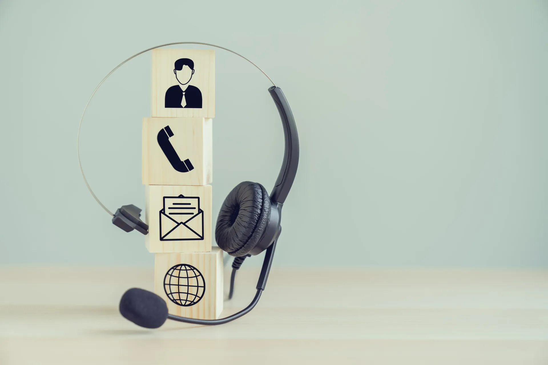 Stack of cubes showing a person, phone, email and internet, with a phone headset placed over the cubes