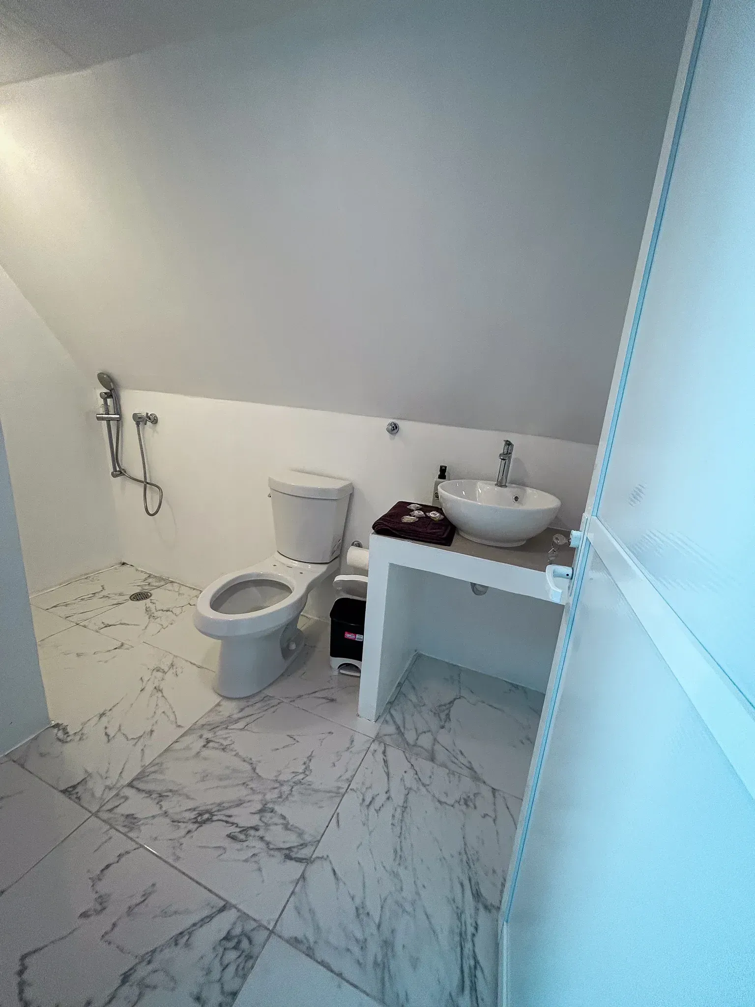 Baño pequeño con inodoro, lavabo y suelo de mármol blanco con diseño. Techo inclinado.