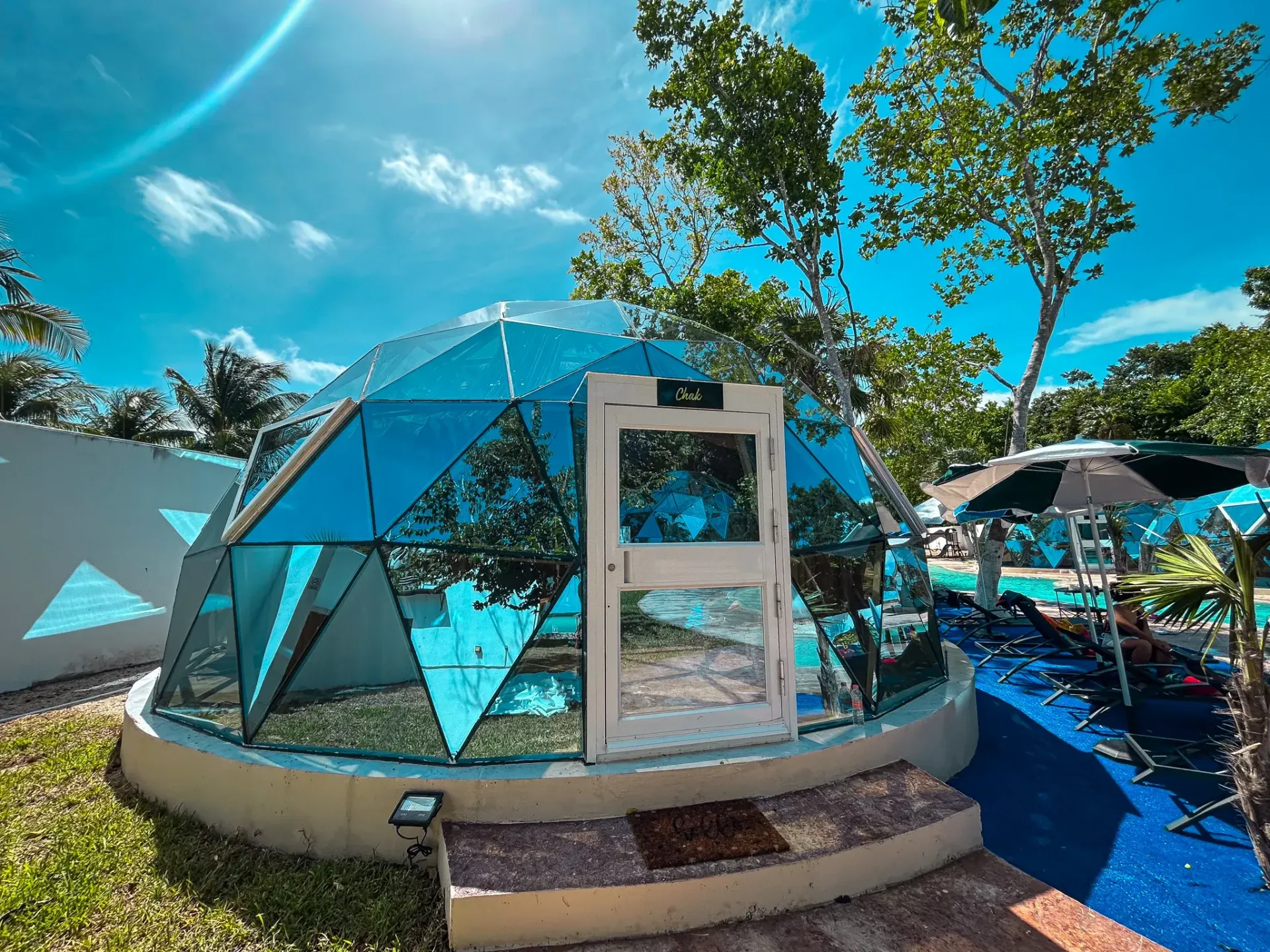 Cúpula geodésica de cristal azul con puerta blanca, escalones y vegetación circundante bajo un cielo azul.