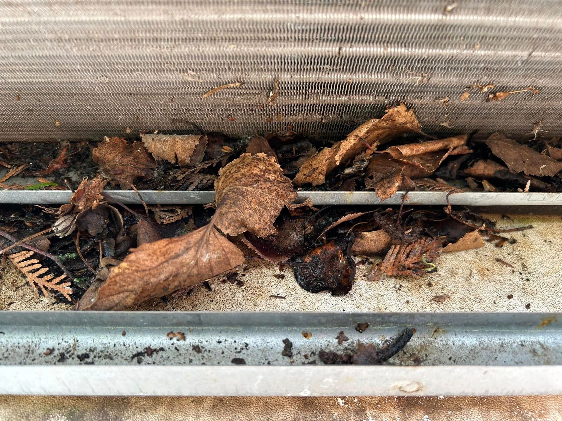 Dried leaves and debris blocking the air conditioner's outdoor unit fins and lower trough.