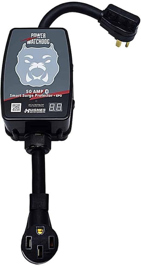 Black and gray PowerWinch 50 AMP RV power adapter with male and female plugs.