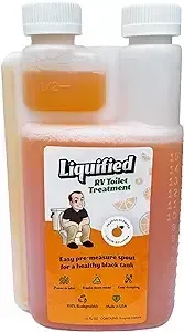 Orange RV toilet treatment bottle with a person on a toilet illustration.