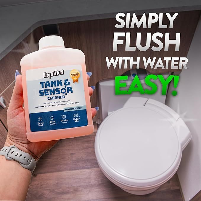 Hand holding RV tank cleaner next to a clean toilet. The text reads: "Simply flush with water. Easy!"