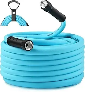 Blue garden hose coiled, with a black nozzle and handle. Includes a hose hanger.