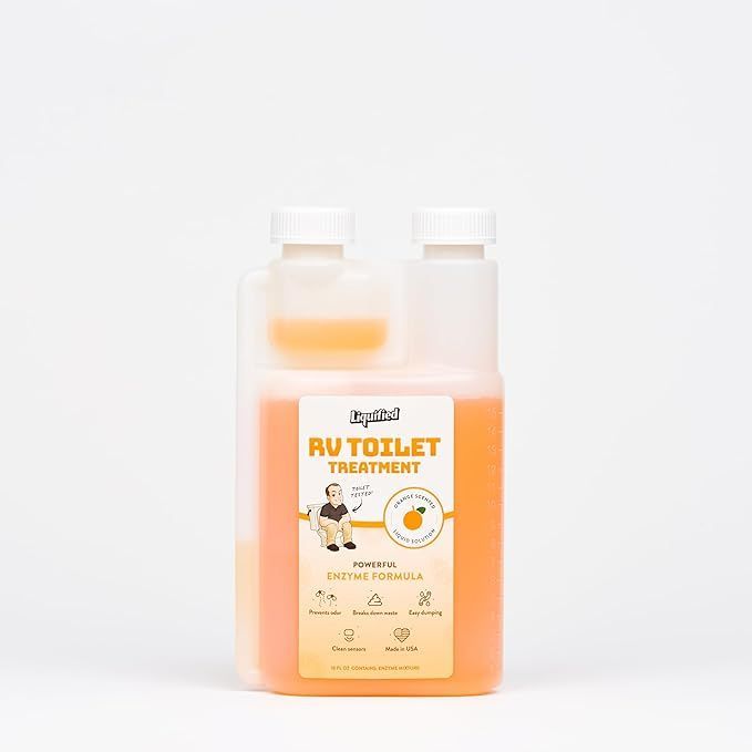 Orange liquid in a bottle labeled
