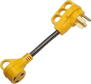 Yellow RV adapter cable with a 30-amp male plug and a 15-amp female receptacle.