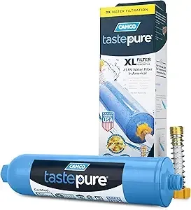 Blue Camco TastePure XL water filter with packaging, beside a gold spring and plastic connector.