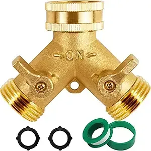 Brass garden hose Y-splitter with two valves and extra washers and tape.