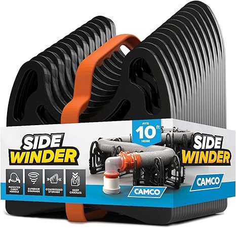 Black and orange RV sewer hose support system labeled
