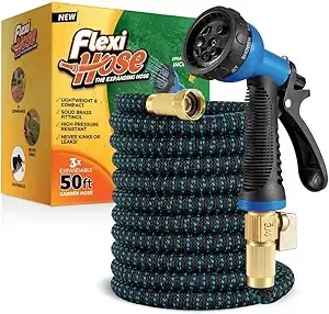 A Flexi Hose with nozzle and box. The expandable garden hose is black and blue.