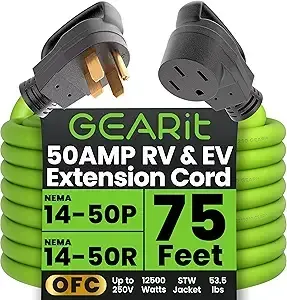 Green 75-foot 50 AMP RV and EV extension cord with black connectors, label: