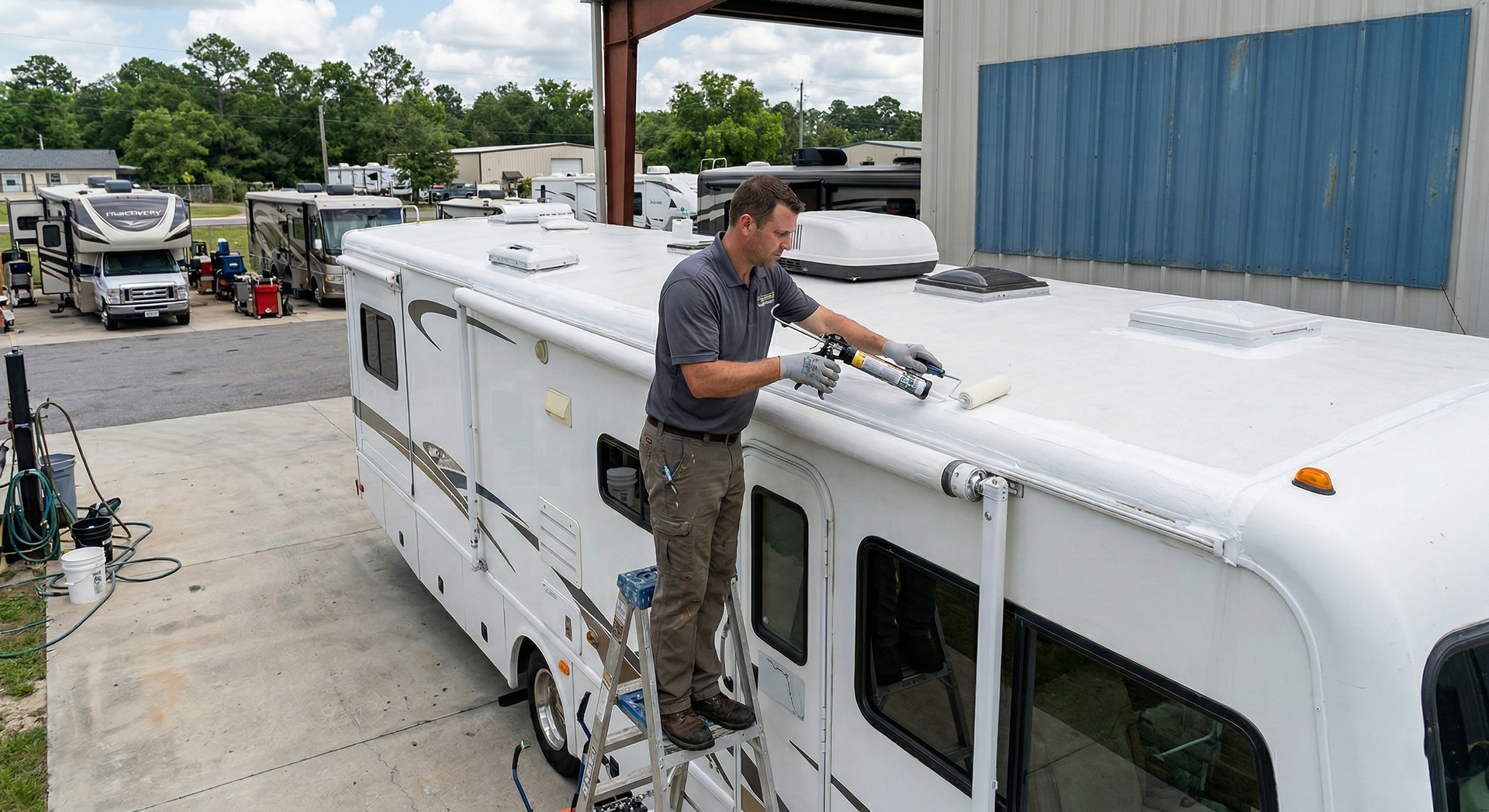 A worker stands on a ladder, using a caulk gun to apply sealant along the roof edge of a white recreational vehicle.