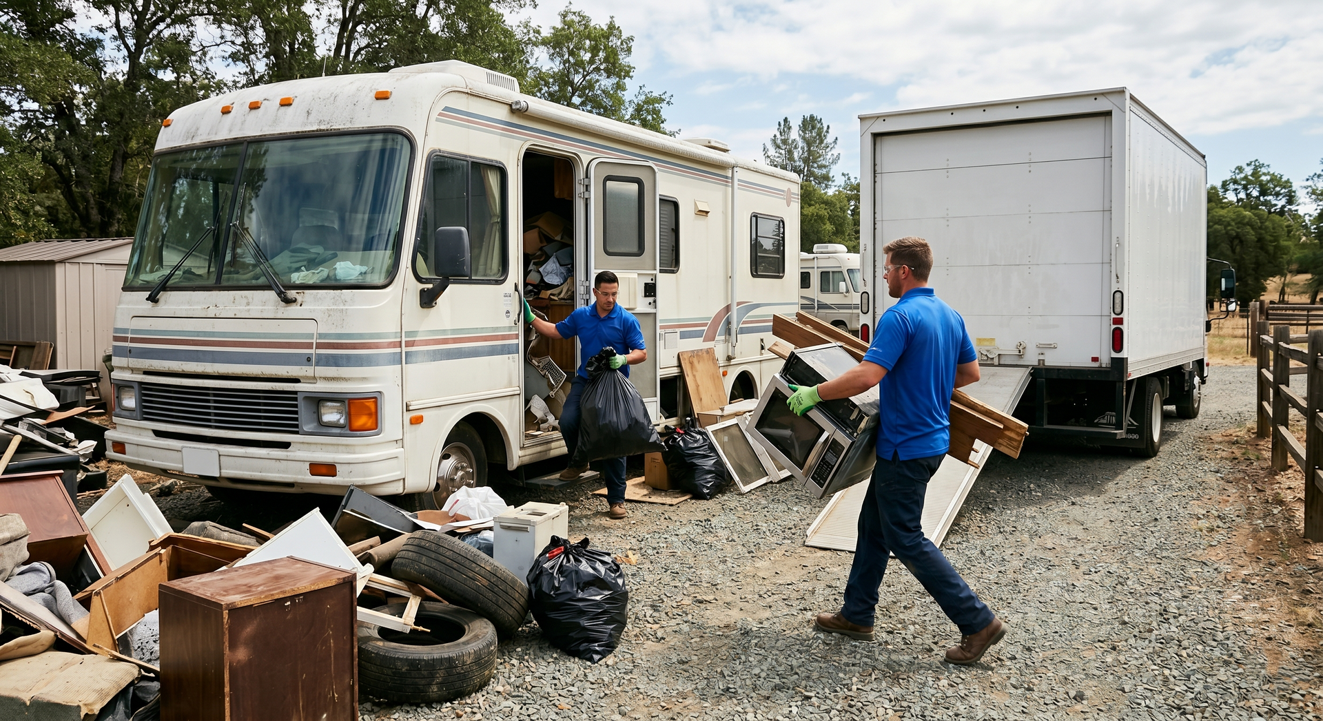 People sorting through trash beside a white RV and box truck in a gravel lot