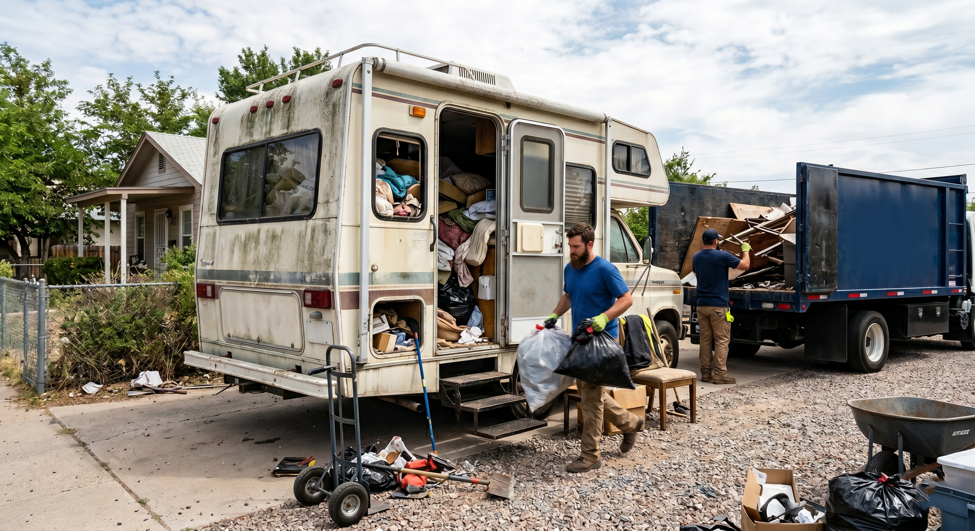 Person sitting beside a worn RV and truck in a cluttered roadside camp