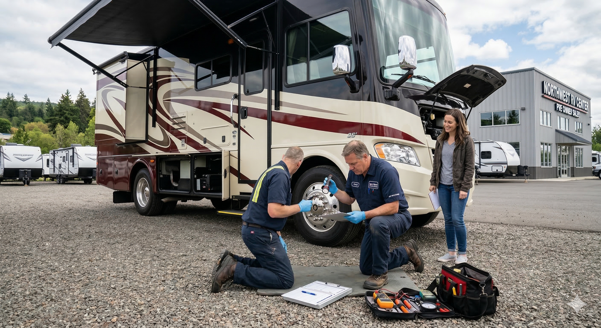 Two technicians in uniform inspect the tire of a large RV in an outdoor dealership lot while a person stands nearby.