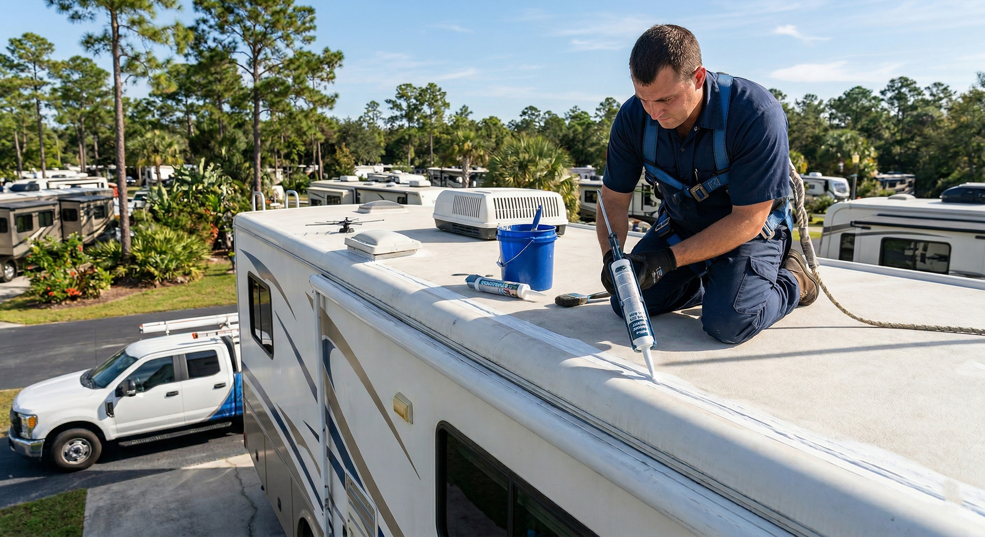 A person in a safety harness kneels on an RV roof, applying sealant to the edge seam with a caulking gun.