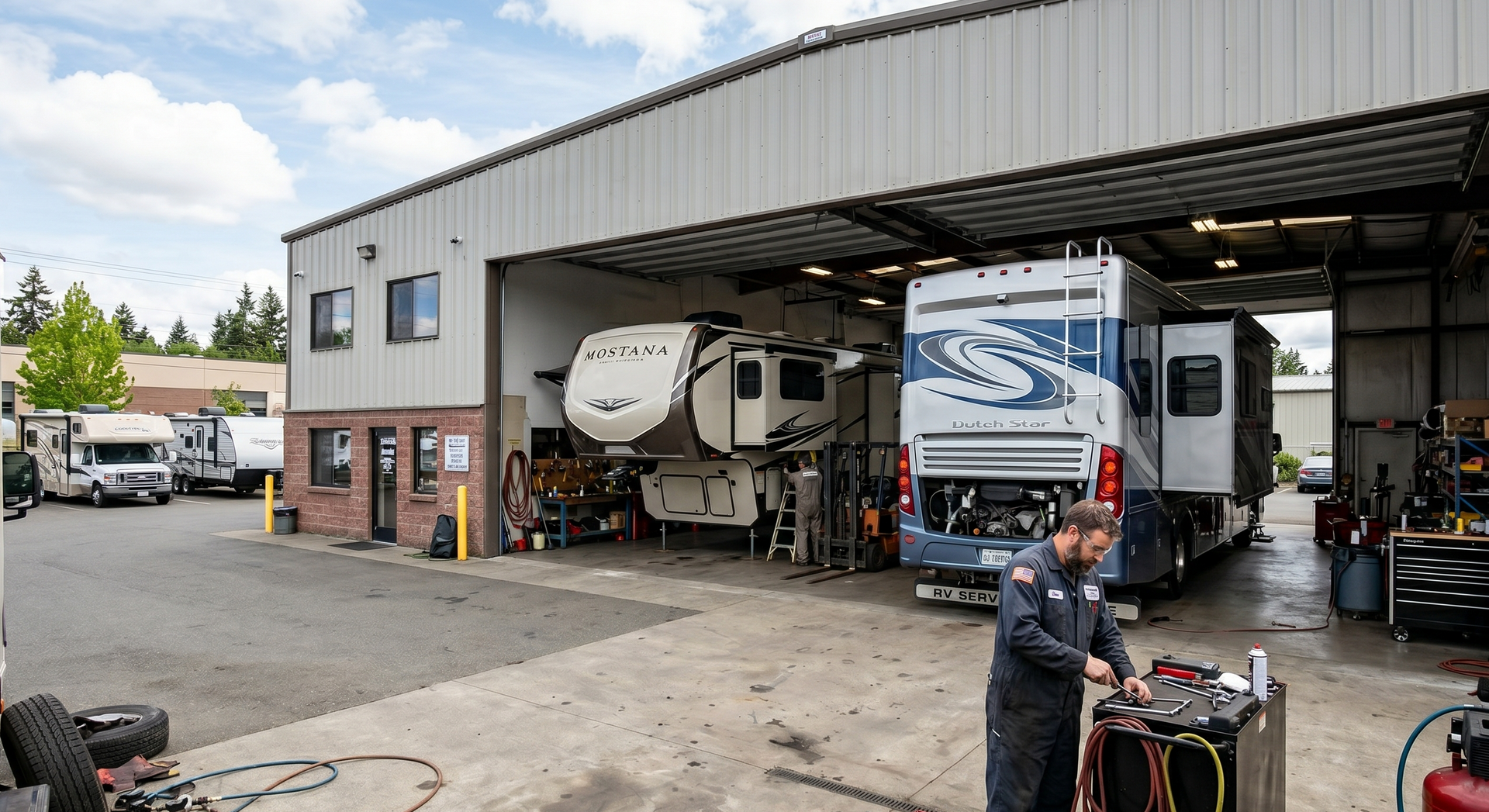 RV service garage with two motorhomes inside and a worker standing in front