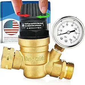 Brass water pressure regulator with gauge, hand adjusting knob with red/green arrows. US flag icon.