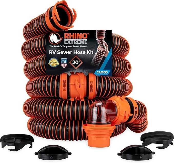 Orange and black Rhino Extreme RV sewer hose kit with connectors and caps.